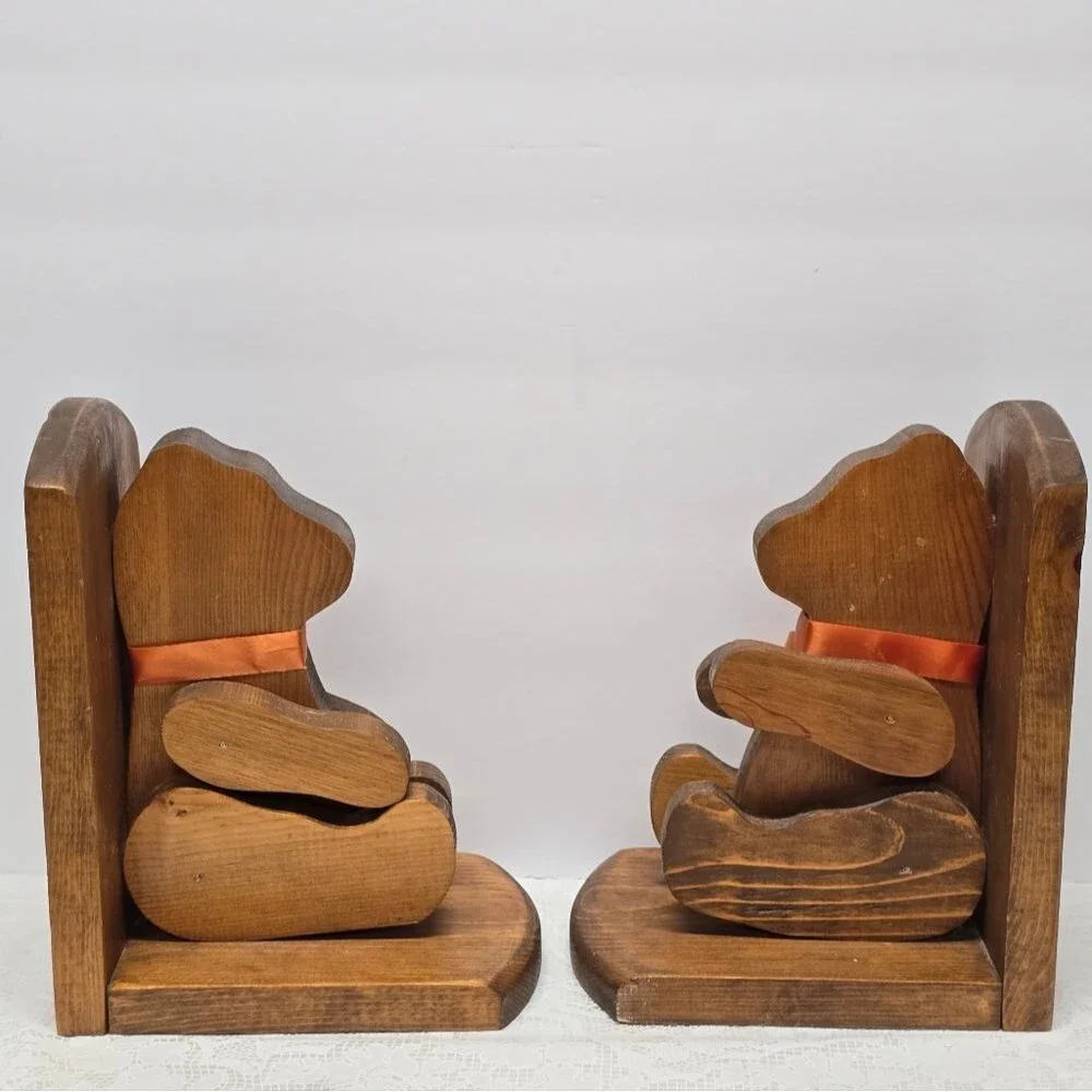 Vintage Wooden Teddy Bear Bookends Jointed Paws Cottagecore Nursery Rustic Decor